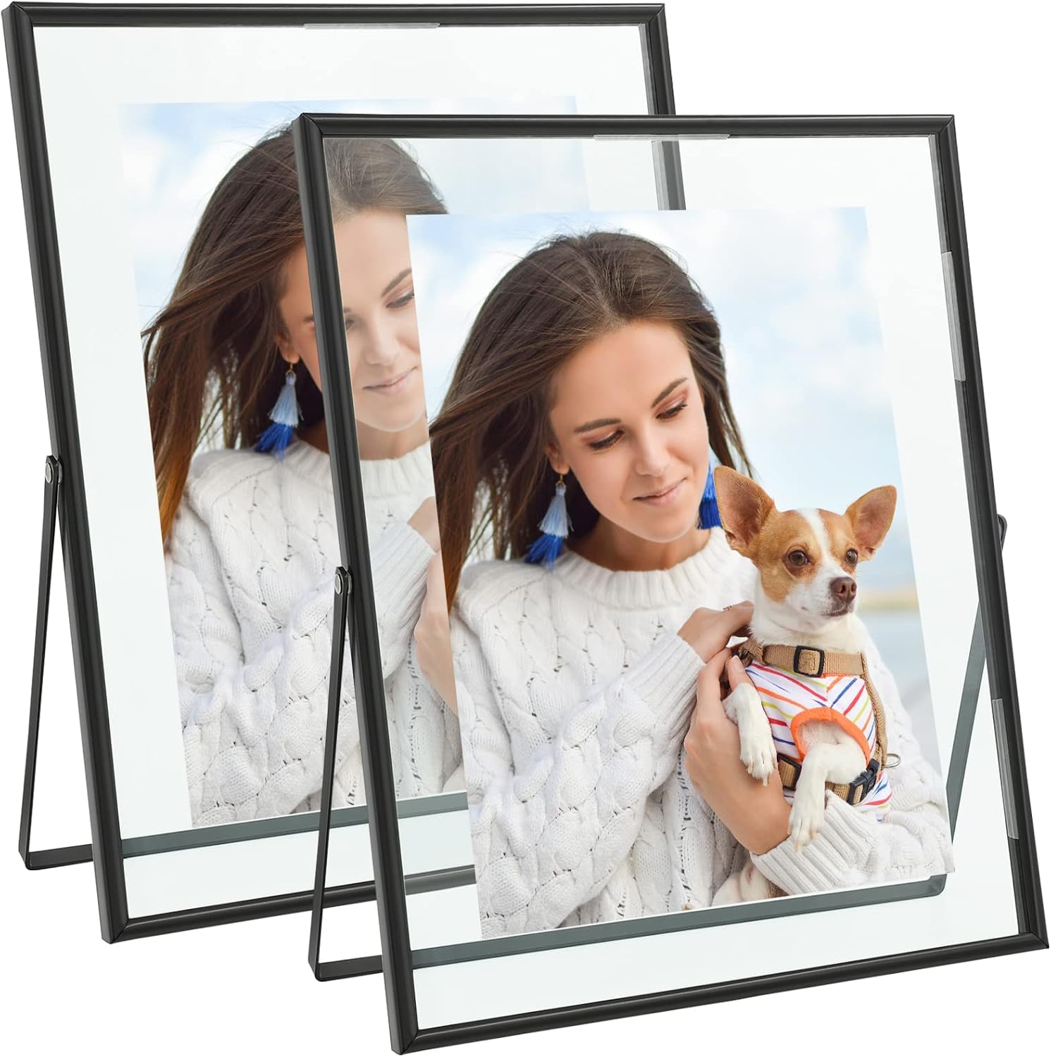Qiannhee Black Floating Frame (10“x12”,2 Pack), Vertical Picture Frame Hold 10x12in 8x10in 5x7in Photo for Tabletop,Glass Finish Metal Stand Frame